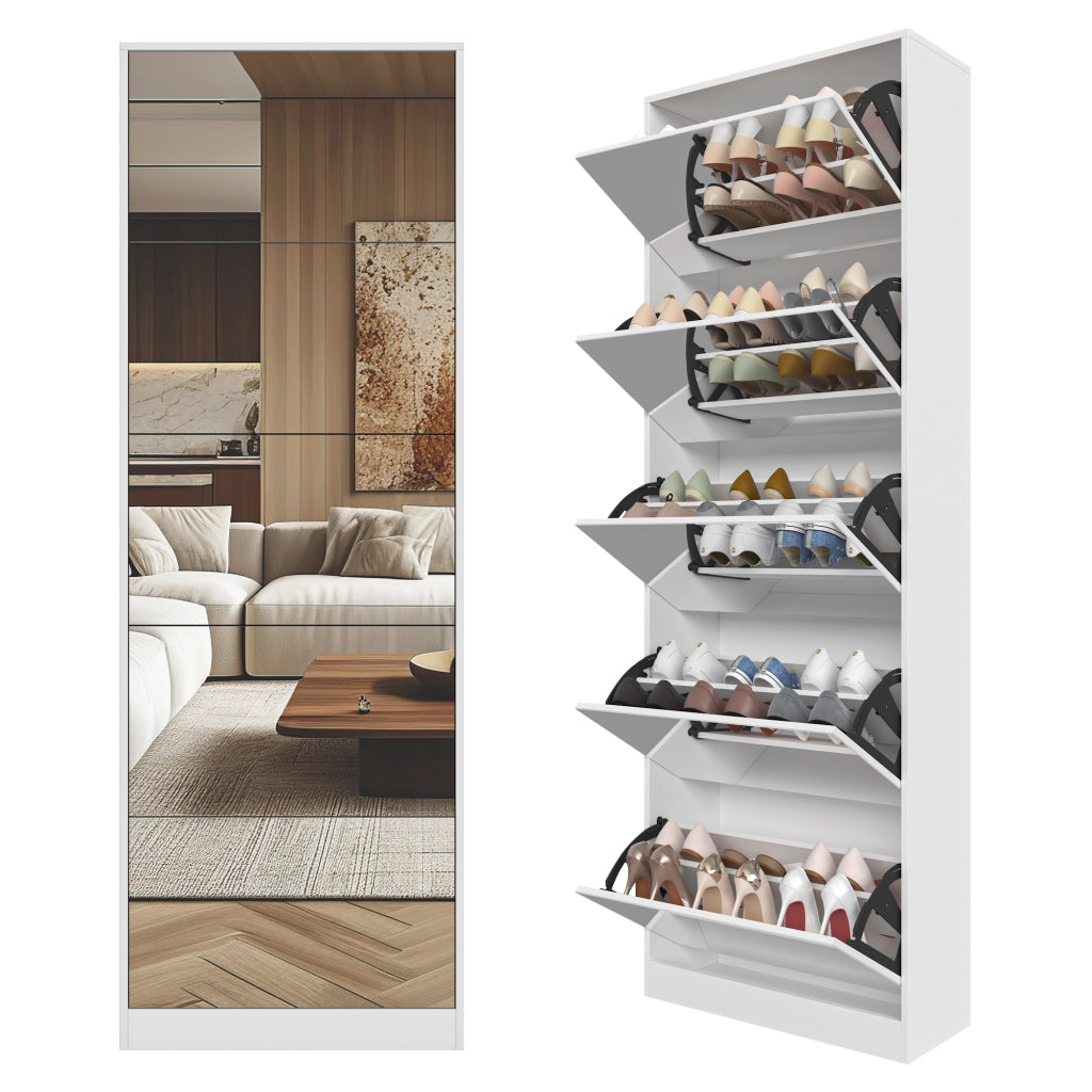 Scarpiera a specchio con 5 ribalte a doppio livello in MDF bianco salvaspazio per ingresso con retro 185 cm