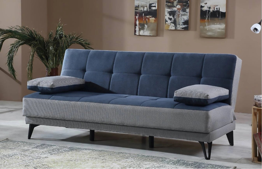 Divano letto Aborigeni, Divano letto a 3 posti con piedini in metallo nero , SofÒ  da soggiorno in tessuto imbottito con apertura click-clack, 190x87h97 cm, Grigio e Blu