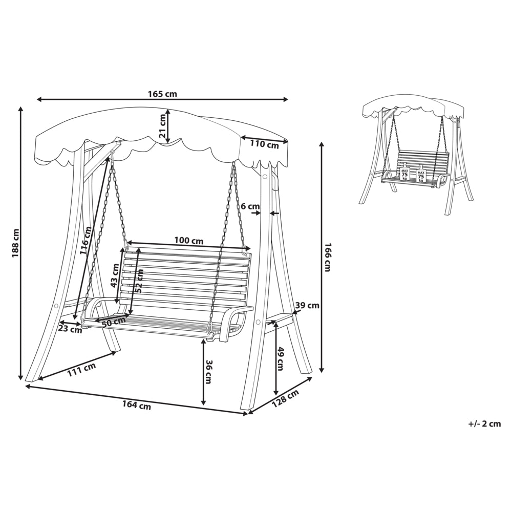 Dondolo da giardino con struttura in legno di larice in tessuto bianco da esterno a 2 posti con baldacchino autoportante