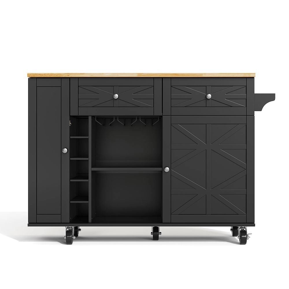 Isola da cucina con piano ribaltabile - Xylo - 5 ruote bloccabili, scaffale porta, porta bottiglie e bicchieri, nero, 120x45(70)x89 cm