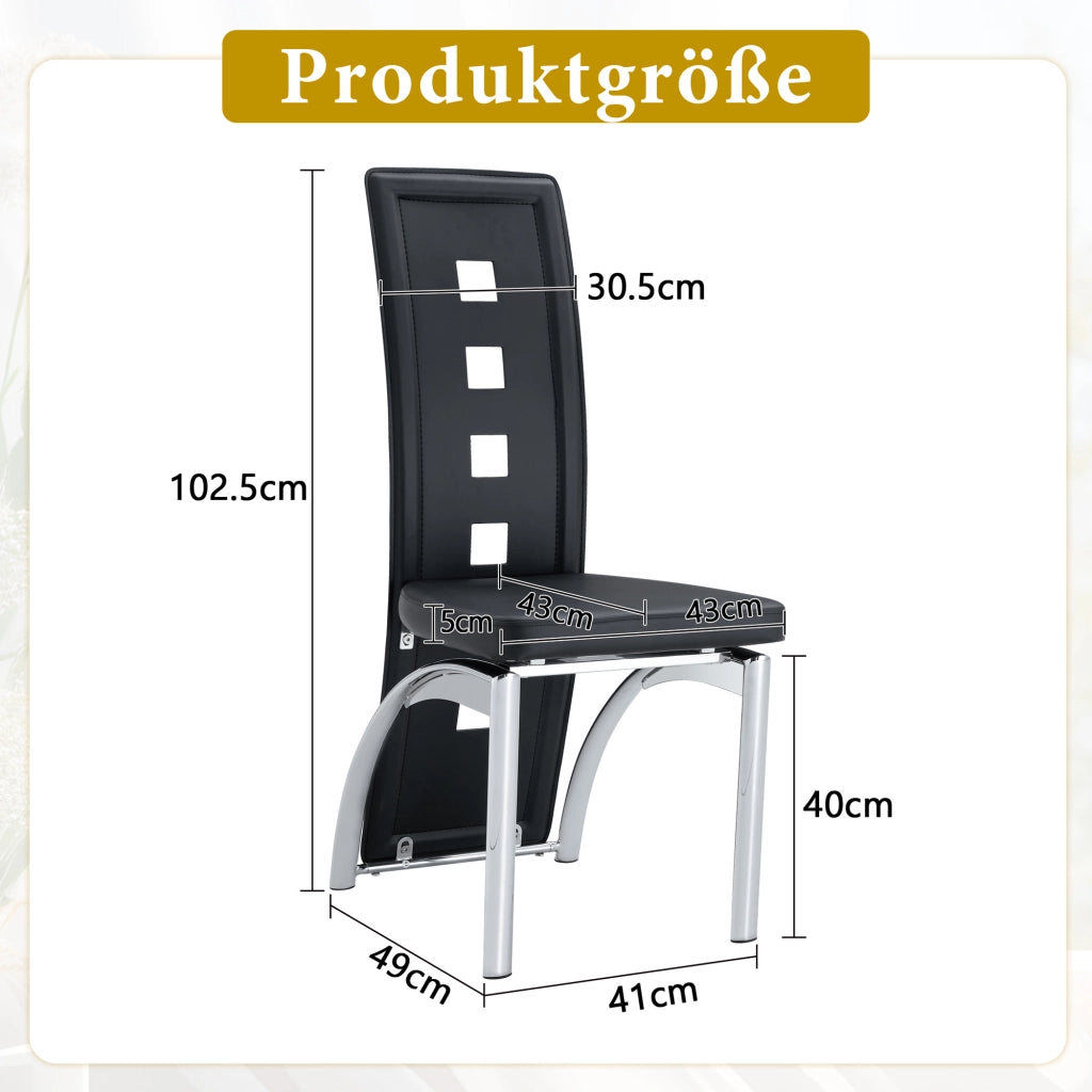 Sedie da pranzo in PU pelle con schienale traforato e gambe in metallo, set 2 pezzi, nero e argento