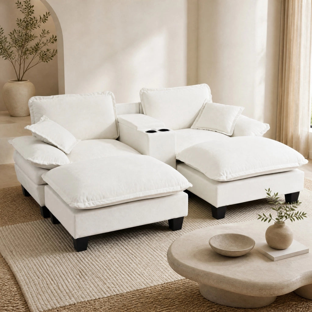 Divano modulare con contenitore; USB e portabicchieri con 2 pouf e 2 cuscini in chenille beige