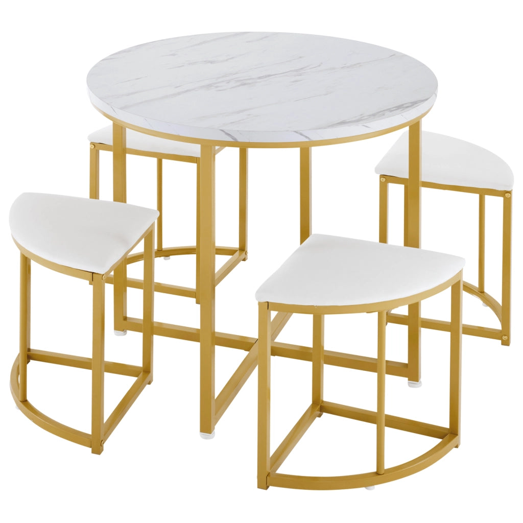 Tavolo da pranzo rotondo per 4 persone con 4 sedie, piano in MDF, struttura in metallo, bianco e oro, 80 cm