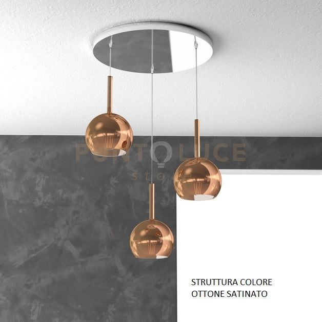 SOSP. OTTONE SAT. TONDA 3 LUCI VETRI TUTTI PICCOLO RAME 1155OS-S3 TP-RA