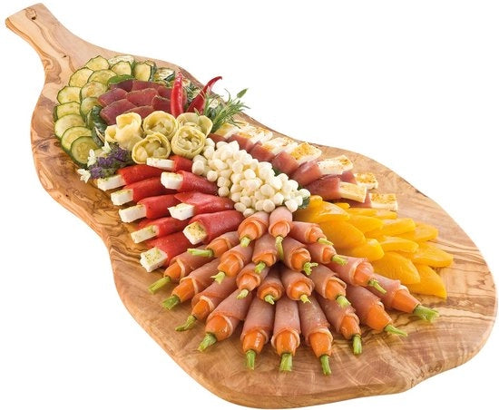 Pannello di legno di olivo, pannello per snack, pannello di legno per buffet, grande con maniglia | Lunghezza ca. 70 cm, larghezza ca. 35-40 cm