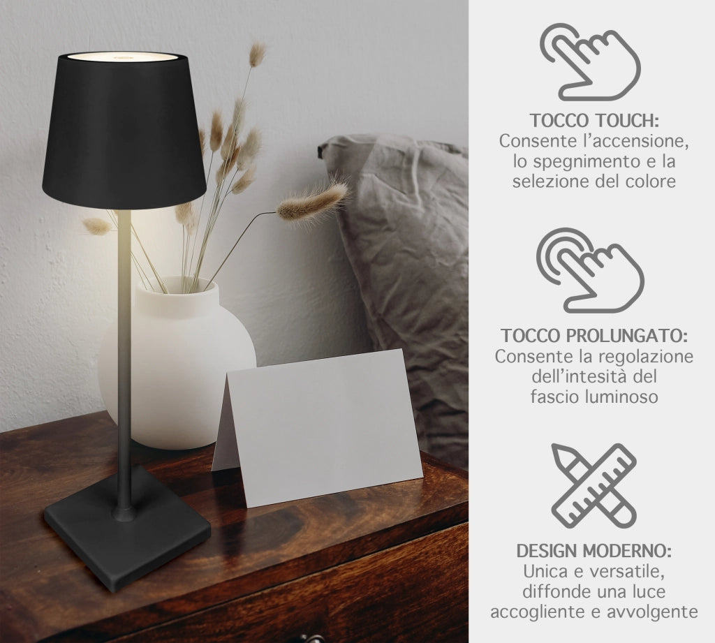 Coppia Di Lampada Da Tavolo LED Set 2 Pezzi Design Moderno Senza Fili Ricaricabile Controllo Touch Selezione Colore Intensità Dimmerabile Altezza Regolabile Con Adattatore Per Bottiglia 3000/4500/600K  2Pz-Plain-Nero