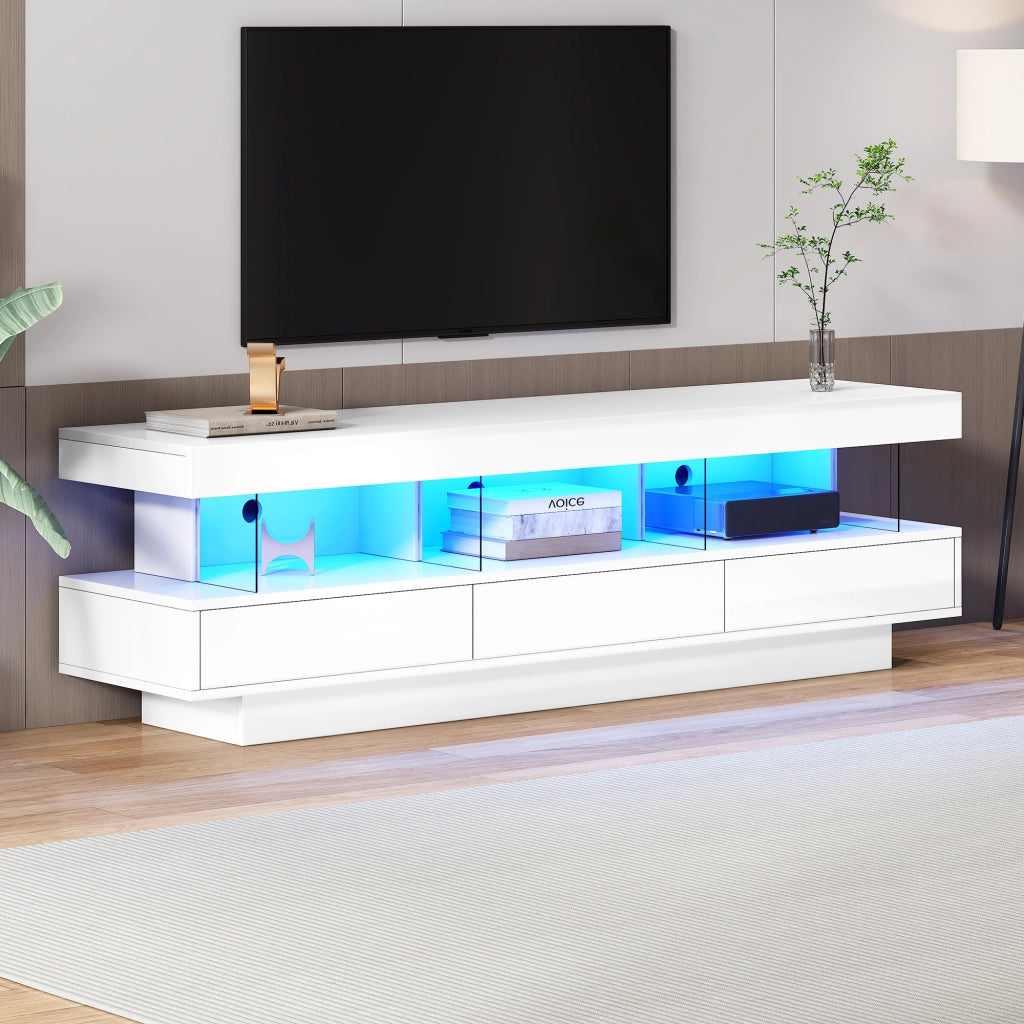 Mobile TV con 3 vani in vetro e LED Bluetooth - per soggiorno - 160x38x50.5 cm - bianco