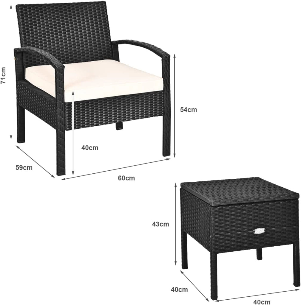 Set di mobili da esterno 3 pezzi, poltrone da giardino in rattan PE e tavolino da caffè, resistenti, con cuscini morbidi rimovibili, per giardino, terrazza, bistrot