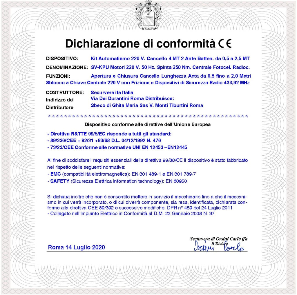 Cancello Elettrico 4 Metri 2 Ante Kit Motori 230 V Stelo Retrattile Autobloccante Corsa 300 MM Radiocomando Fotocellule Faro Chiave Cartello Monitore Centrale Luce di Cortesia Condominiale o Pedonale