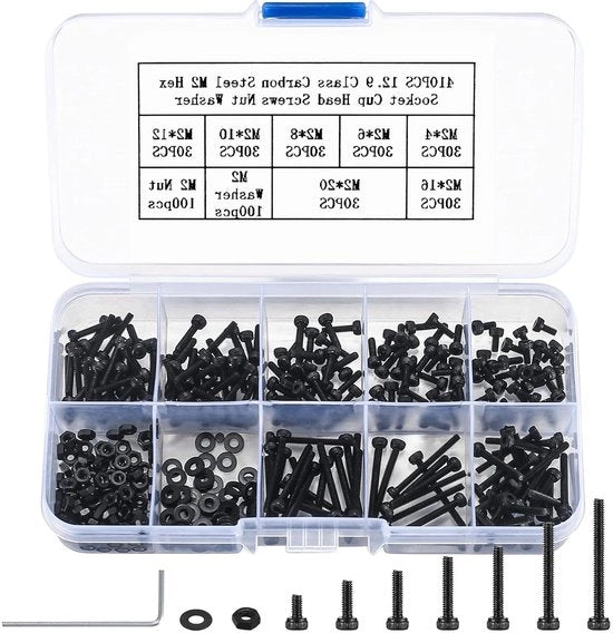 Set di viti in acciaio di carbonio M2 Premium a 410 pezzi con chiave a molla inclusa - Nero