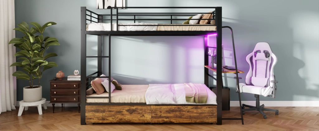Letto a soppalco 90 × 200 cm con scrivania, LED e cassetti contenitore, senza materasso, nero