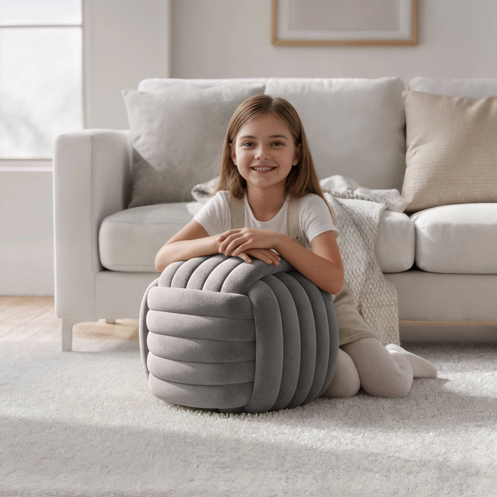 Pouf annodato in velluto 53 cm NILO Grigio Chiaro
