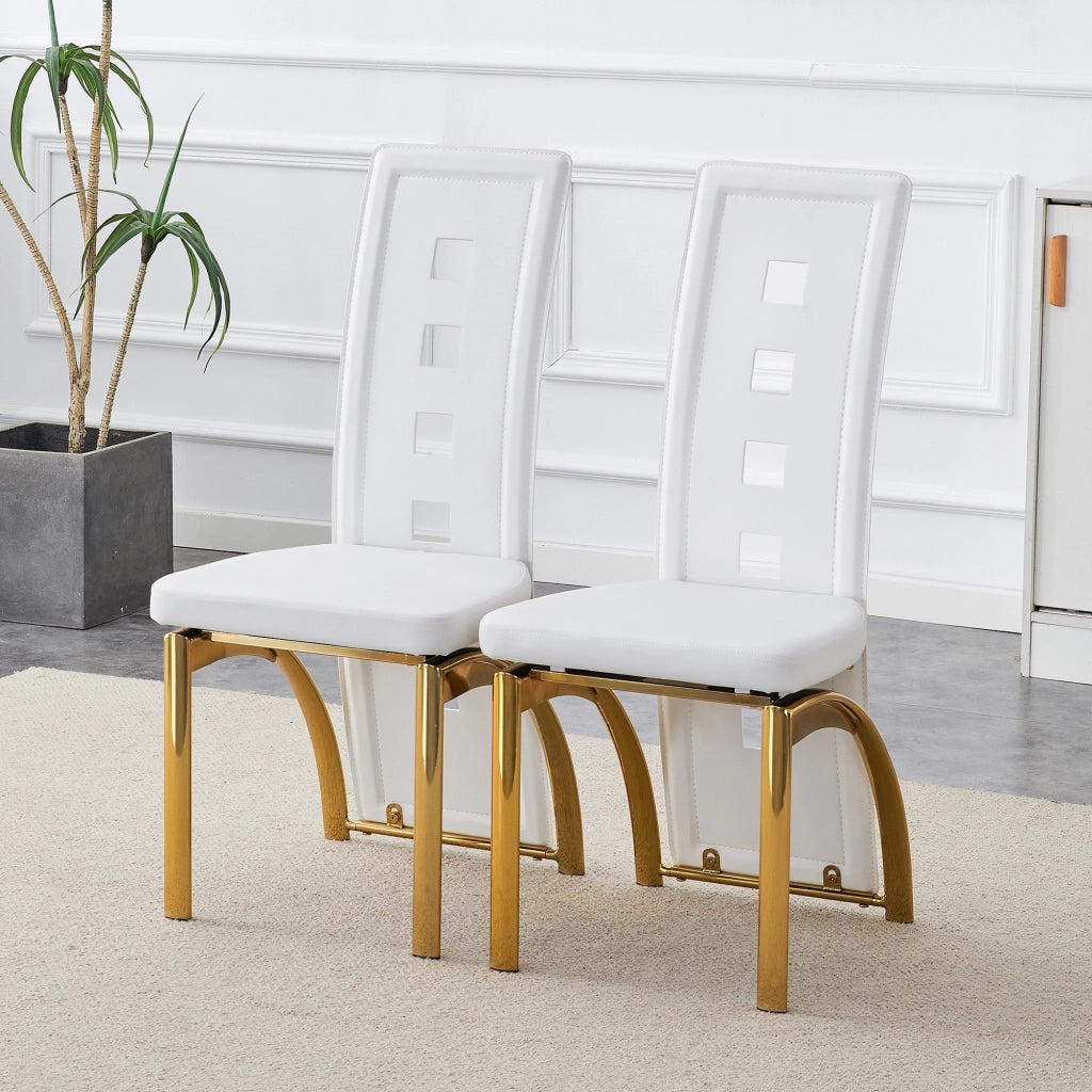 Sedia da sala da pranzo set 2 in pelle PU con schienale traforato e gambe in metallo bianco e oro per soggiorno moderno