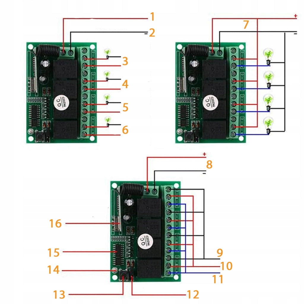 Modulo Relè con Telecomando 433MHz – 4 Canali, Portata 100m | Alimentazione 12V DC, Frequenza 433MHz