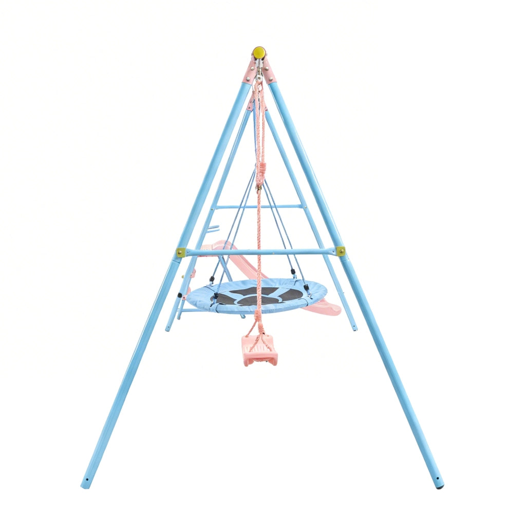 Set altalena da giardino con 2 altalene e scivolo in metallo e HDPE blu e rosa per bambini dai 3 anni