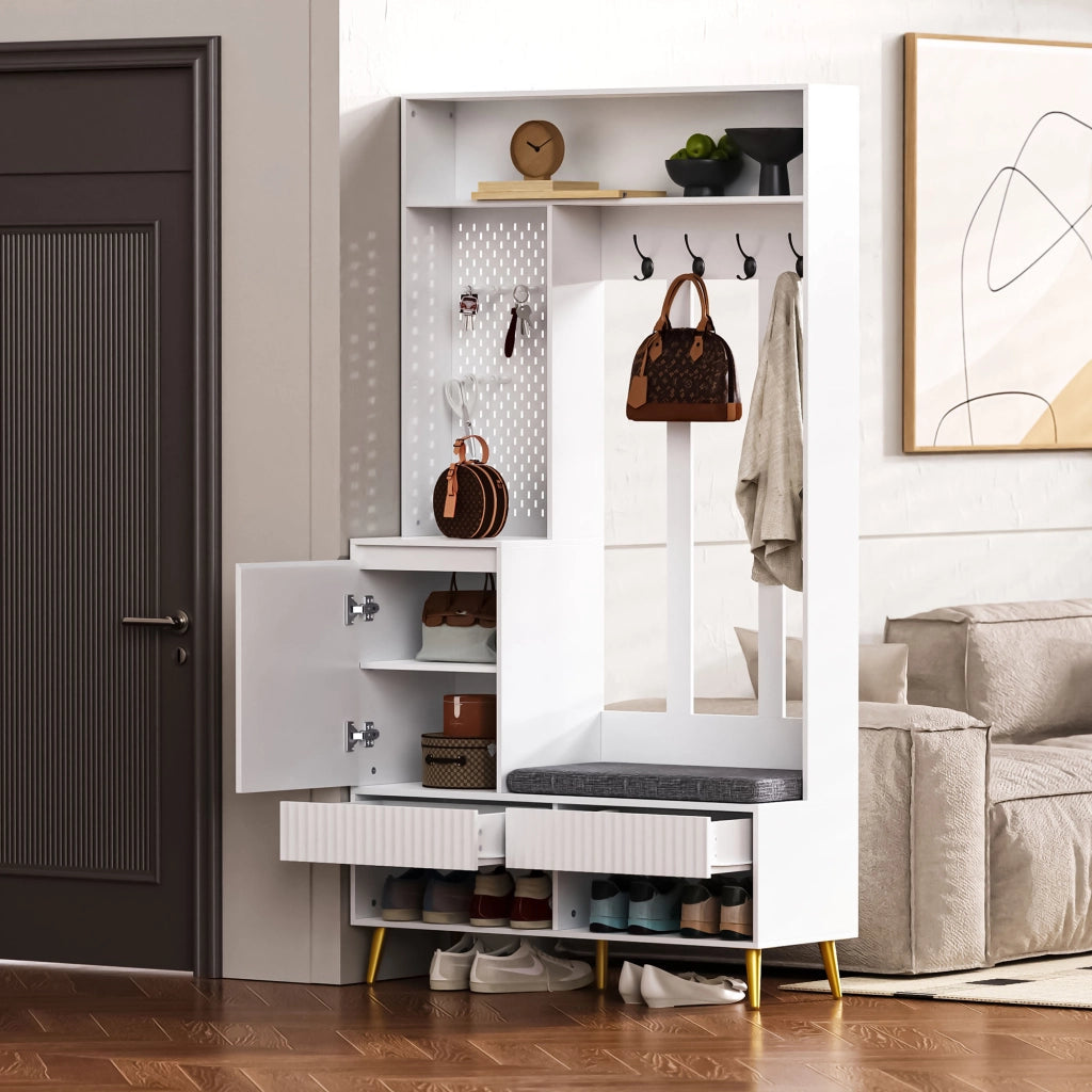 OKWISH Mobile da Ingresso con 1 Anta, 2 Cassetti, Vani Aperti, 4 Ganci e Panchina, per Ingresso, MDF, Bianco, 100×35×180 cm