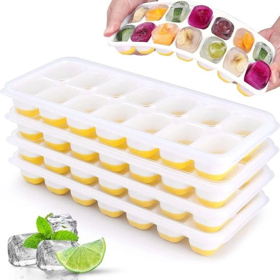 Pacco di 4 forme di cubetti di ghiaccio in silicone con coperchio - Spazia risparmia e si può ripiegare - Senza BPA - Forme di cubetti di ghiaccio quadrati facilmente estraibili - Idonee per frigorifero, latte per bambini, whisky - 22x9x2,55cm