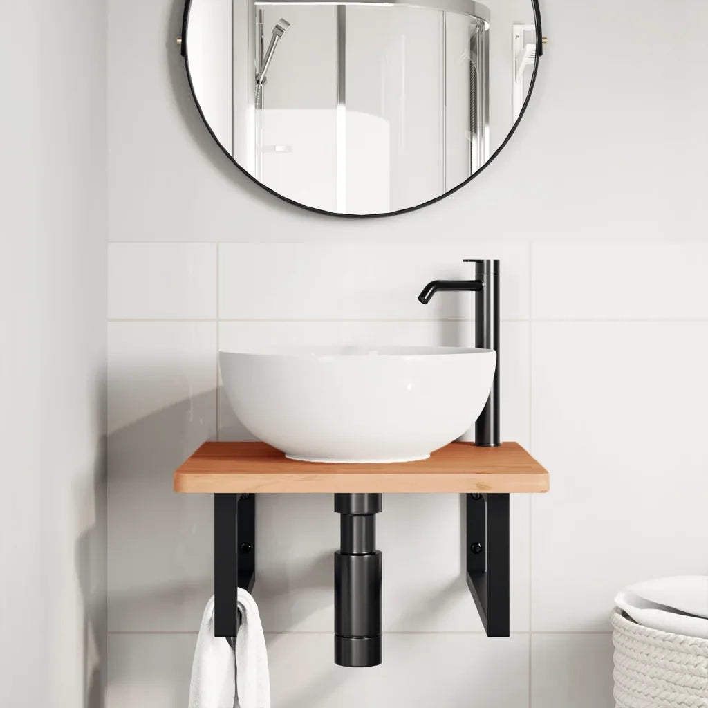 Ripiano a Parete per Lavabo in Acciaio e Massello di Faggio