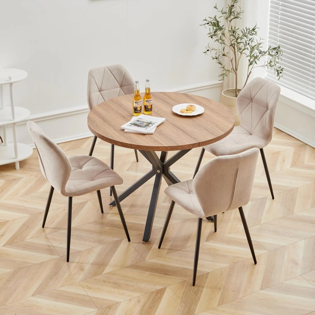 GrandCA HOME Set Tavolo e Sedie da Pranzo, Tavolo da Pranzo Rotondo da 100 CM e 4 Sedie Moderne in Lino, per Sala da Pranzo, Cucina, Soggiorno (Buio + Cachi)
