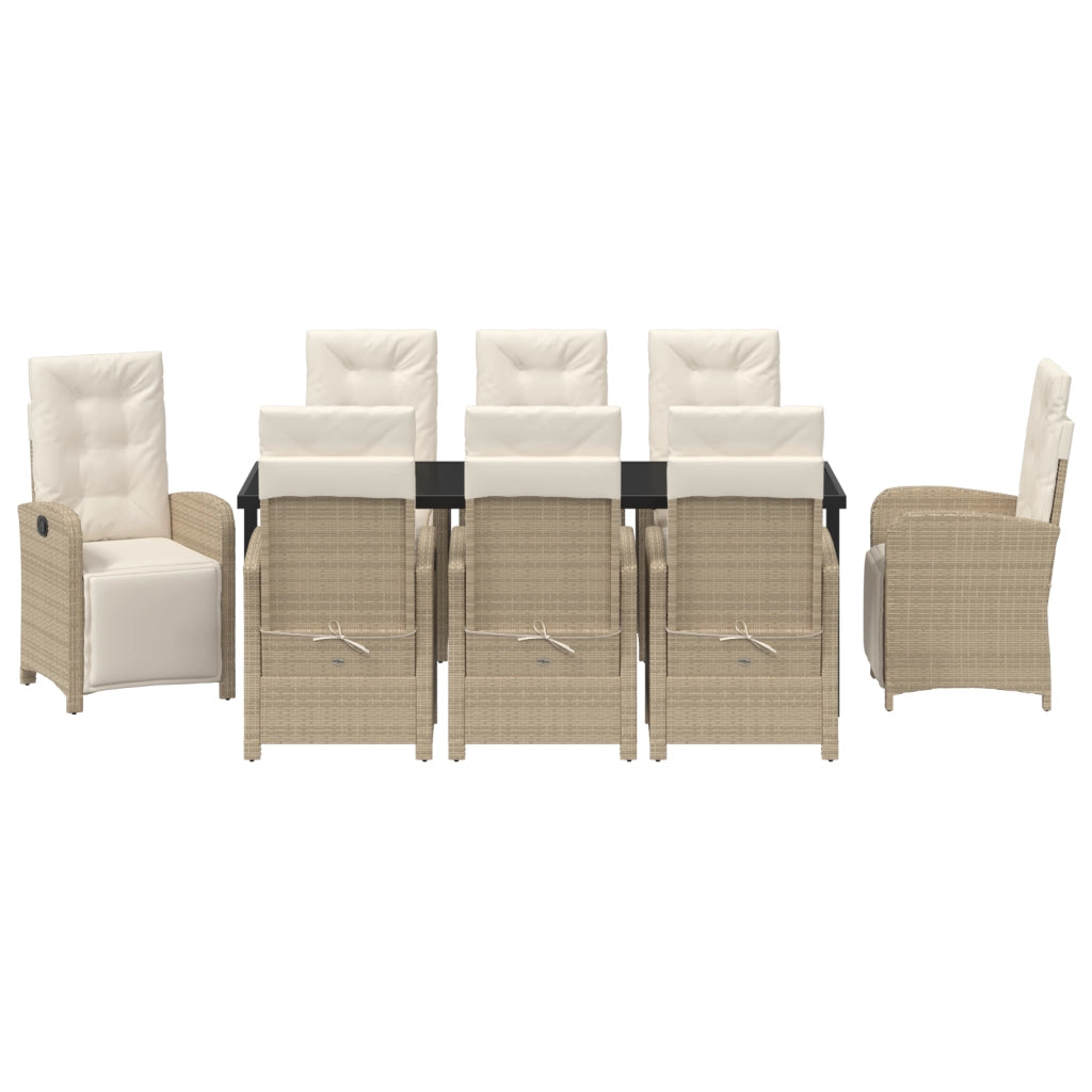 Set Pranzo Giardino 9 Pezzi Cuscini Beige in Rattan Polietilene