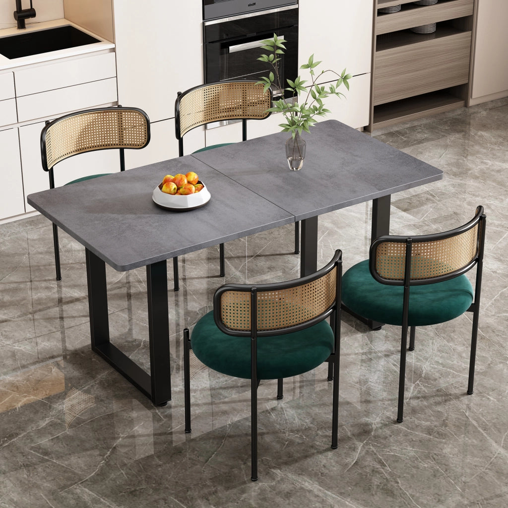 Set da pranzo 5 pezzi con 4 sedie in velluto e tavolo rettangolare; nero e grigio; stile industriale