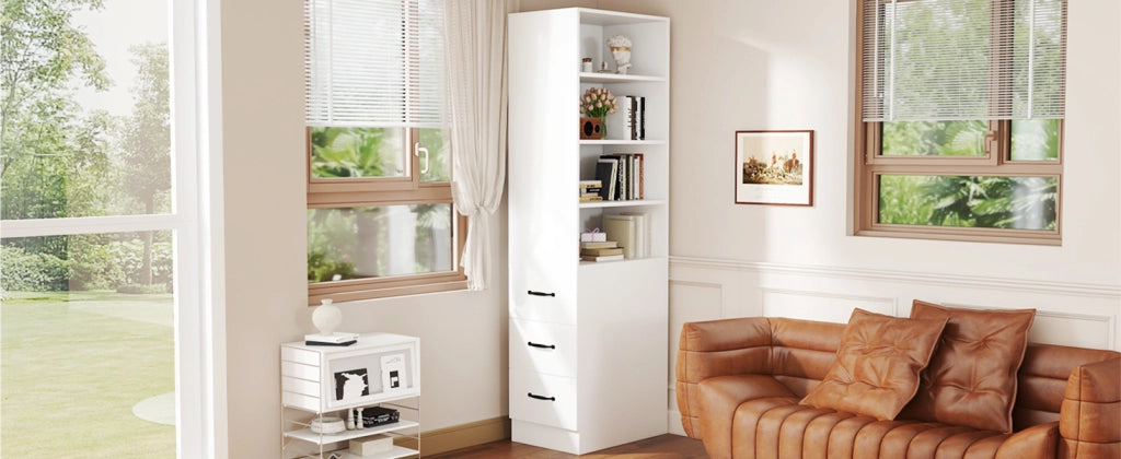 Libreria con 3 cassetti e 4 vani aperti, ripiani regolabili, per piccoli spazi, in truciolato, bianco, 60 × 38 × 180 cm