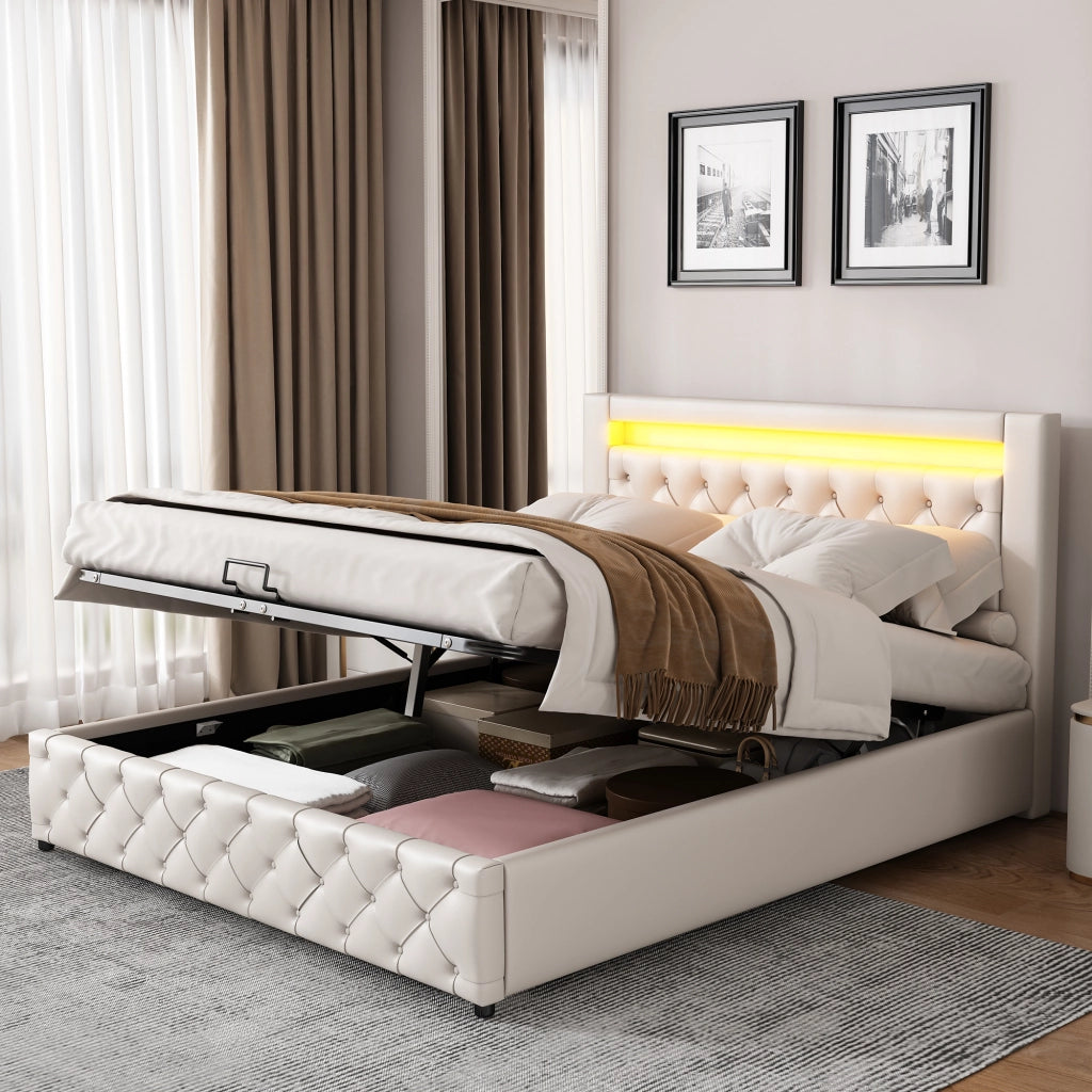 Letto imbottito 140 x 200 cm con rete a doghe, contenitore e illuminazione LED, bianco, PU