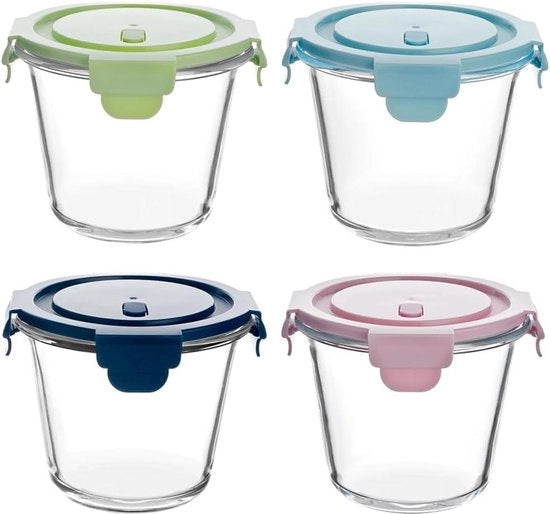 Contenitore di Cibo in Vetro 710ml - Set di 4 Contenitori di Cibo per Meal Prep con Copertura - Contenitori per Cibo con Copertura in Vetro - Set di 4 Contenitori Ronde