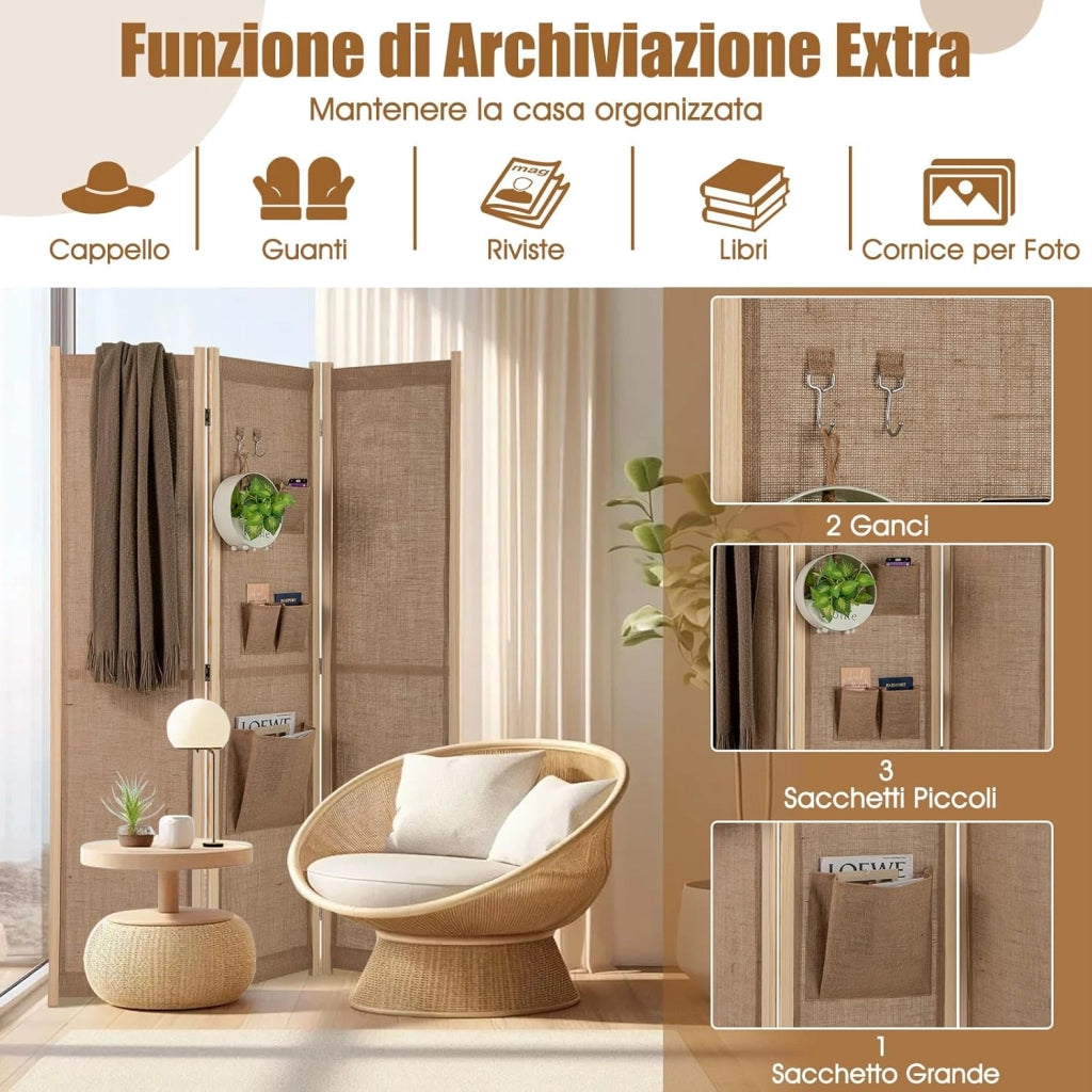 Paravento a 3 Pannelli, Separé Divisorio da Interno in Lino Finto con Tasche di Stoccaggio e Ganci, Pannelli Divisori Pieghevole per Camera da Letto, Ufficio e Soggiorno