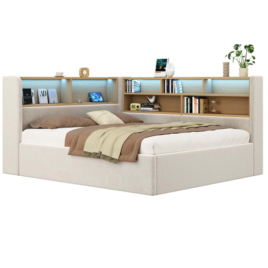 Letto da giorno imbottito 140x190 cm con contenitore idraulico, velluto beige, LED, porte USB e ripiani laterali
