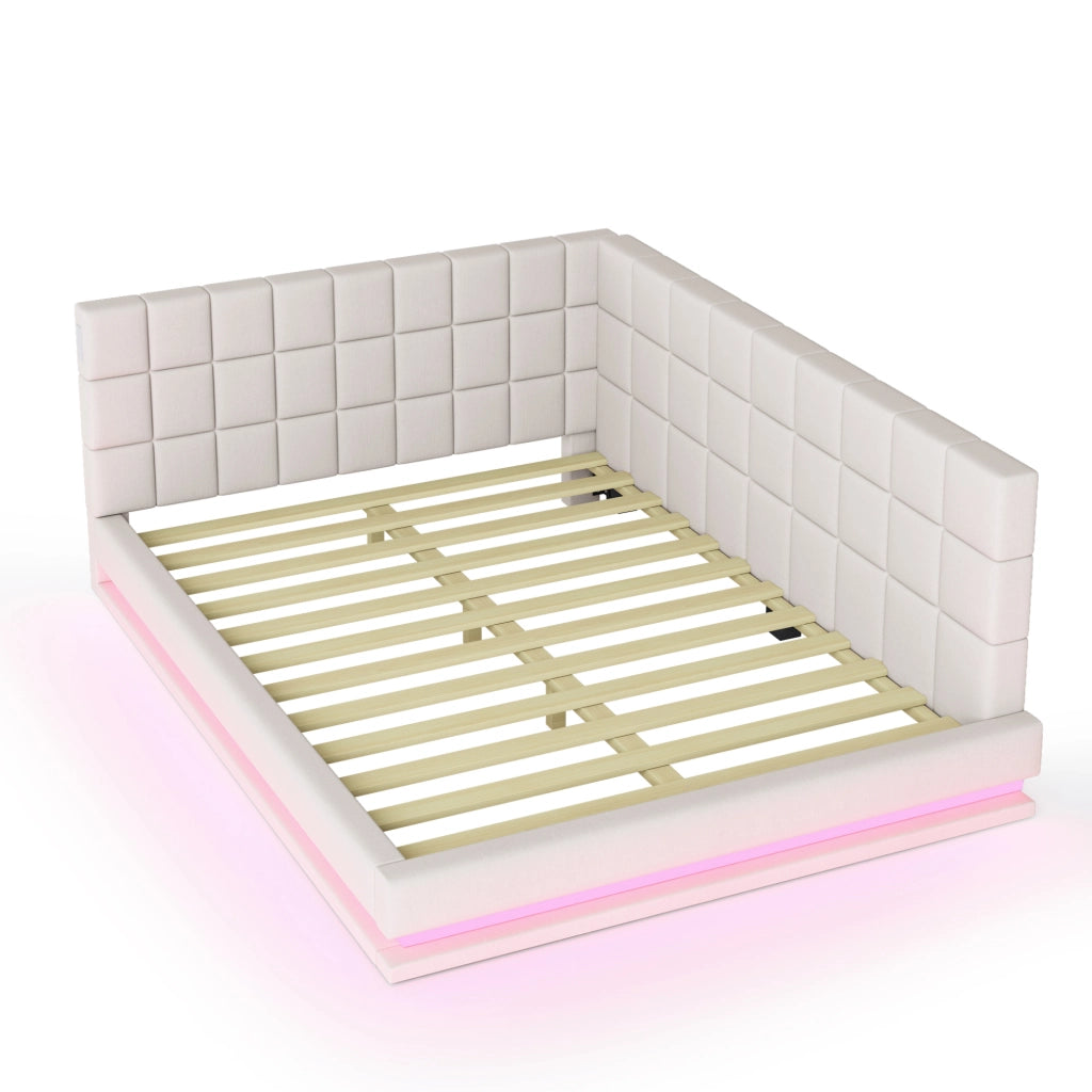 Divano letto 160x200 in tessuto beige con LED, USB e rete a doghe