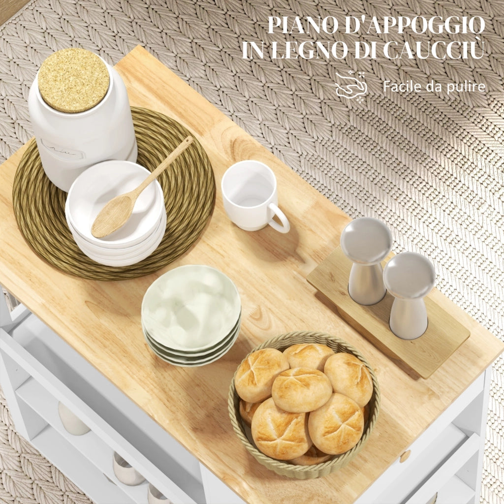 Carrello Isola da Cucina con Ripiani Regolabili e Piano in Legno ¨C zephmum ¨C Bianco 86.5x47x88 cm