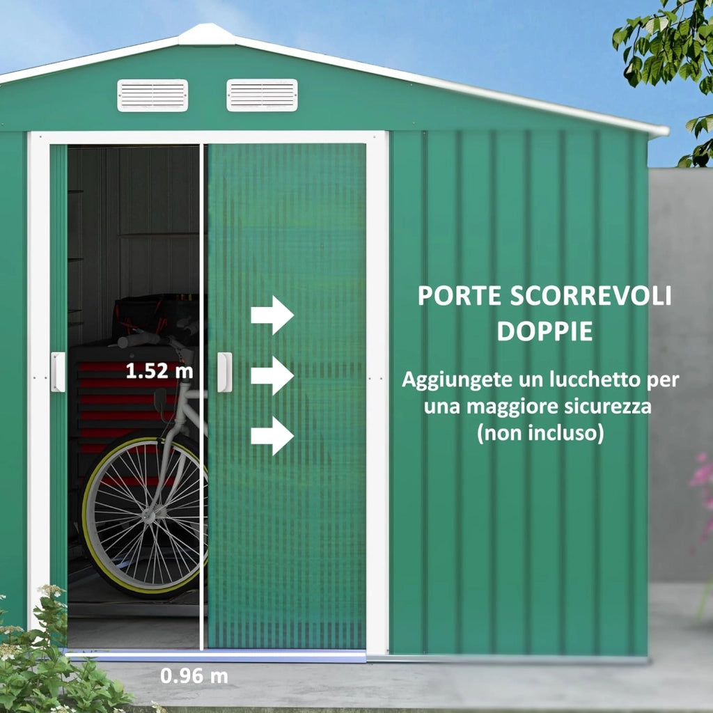 Casetta da Giardino 4.9 m² con Fondazione, 4 Prese d'Aria e 2 Porte Scorrevoli, Capanno Porta Attrezzi in Lamiera d'Acciaio, 277x195x192 cm, Verde Scuro