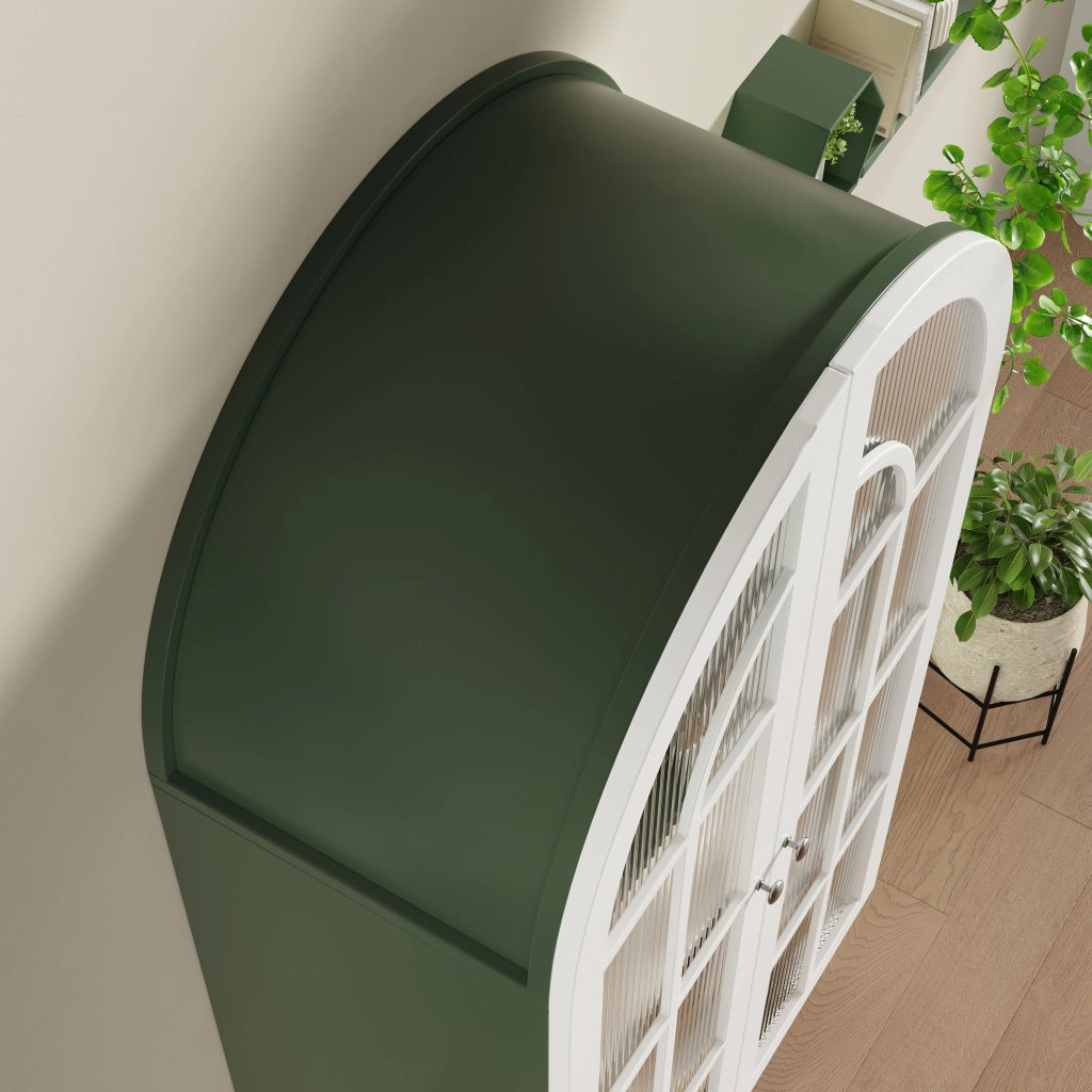 Vetrina ad arco con doppie ante in vetro rigato, 3 ripiani, MDF e metallo, verde, 76 × 38,5 × 165 cm