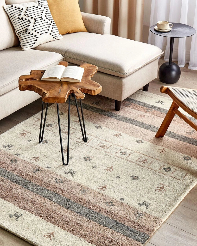 Tappeto Gabbeh in lana beige e marrone con motivo geometrico 140 x 200 cm stile boho soggiorno camera da letto