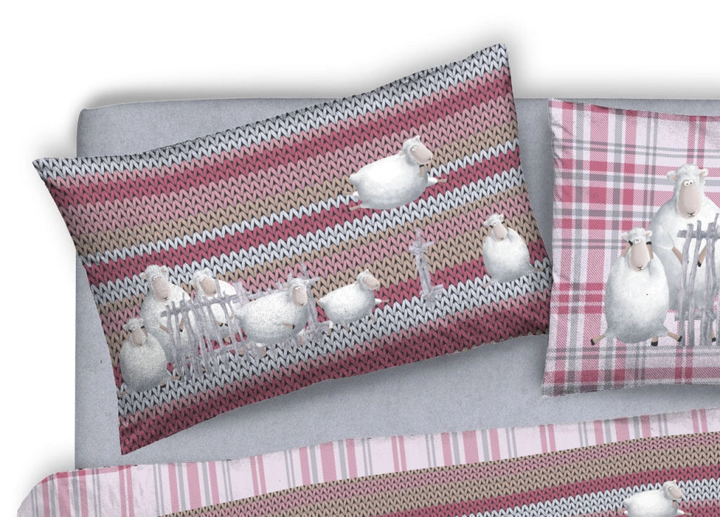 Copripiumino Sacco Piumone Pensieri Delicati 100% Cotone Disegno Pecorelle - Matrimoniale - Rosa