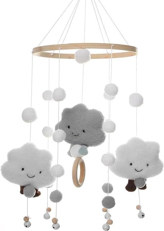 Mobili per bebè con musica - Giocattolo a vento Wolk Pop - Palloni in legno per bambini - Nuvole 3D - Appeso per bambini - Letto per bambini - Regalo per neonati - Mobili per bebè con musica in grigio