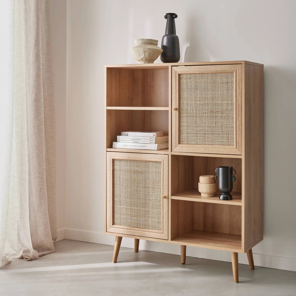 Credenza a 2 ante in canna e legno, 90cm, marrone naturale