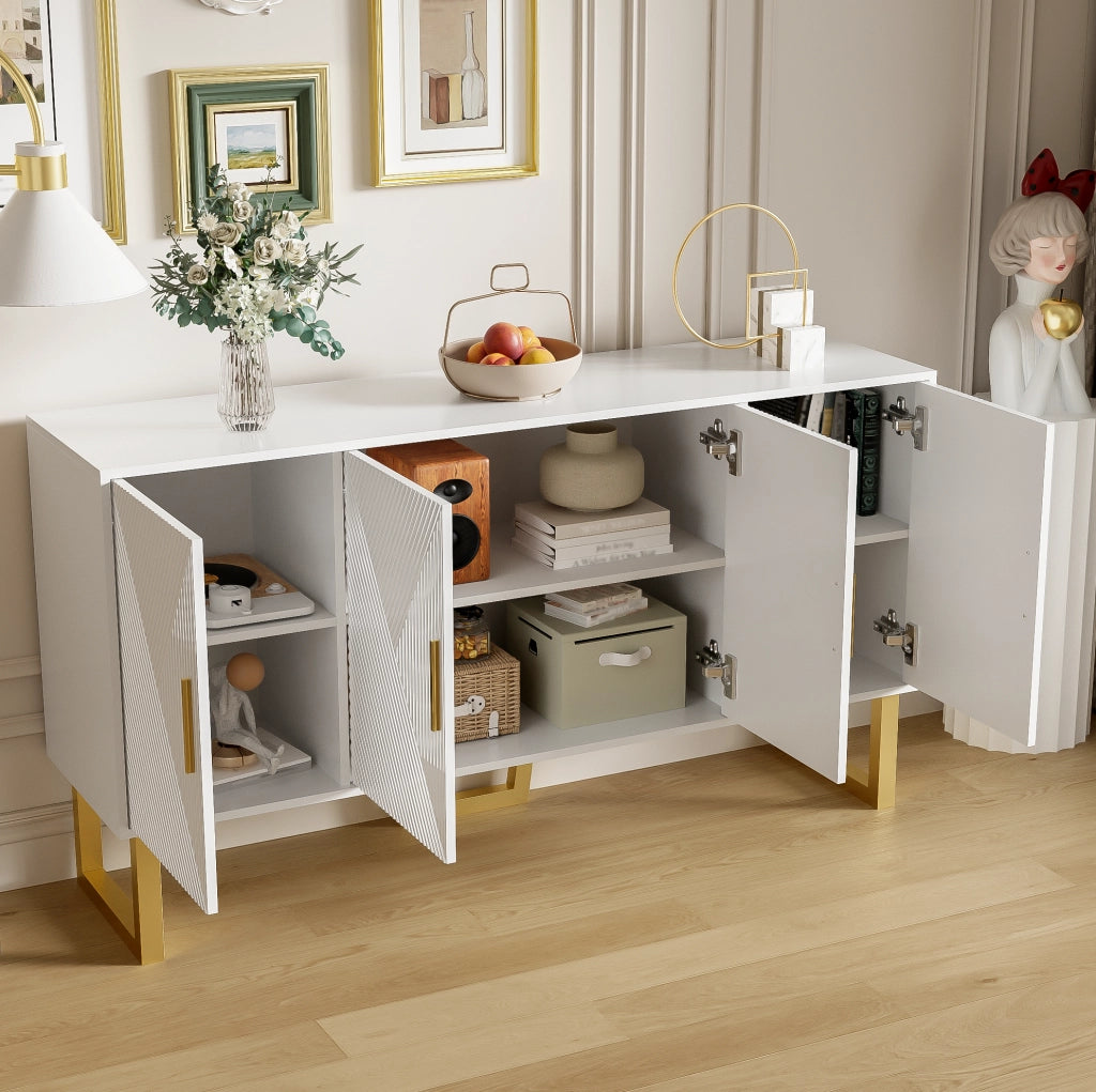 Credenza 150x40x82 cm con 4 ante e ripiani regolabili; MDF e pannello truciolare bianca