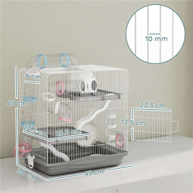 GABBIA PER CRICETI A 3 LIVELLI E 14 TUBI CON CASETTA, RAMPA, E ACCESSORI, IN METALLO E PLASTICA, 45X30X45 CM, GRIGIO