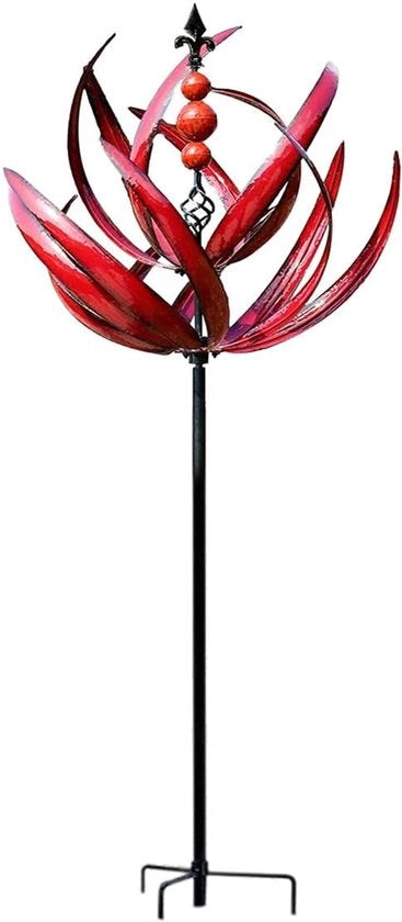 Decorazione per Giardino - Ventaglio Metallico - Spinners per Giardino - Manuale - Barra Fissa - Ornamenti - Aspetto di Loto - Scultura Rotante - Adatto per Esterno - Rosso - Rotazione 360 gradi.