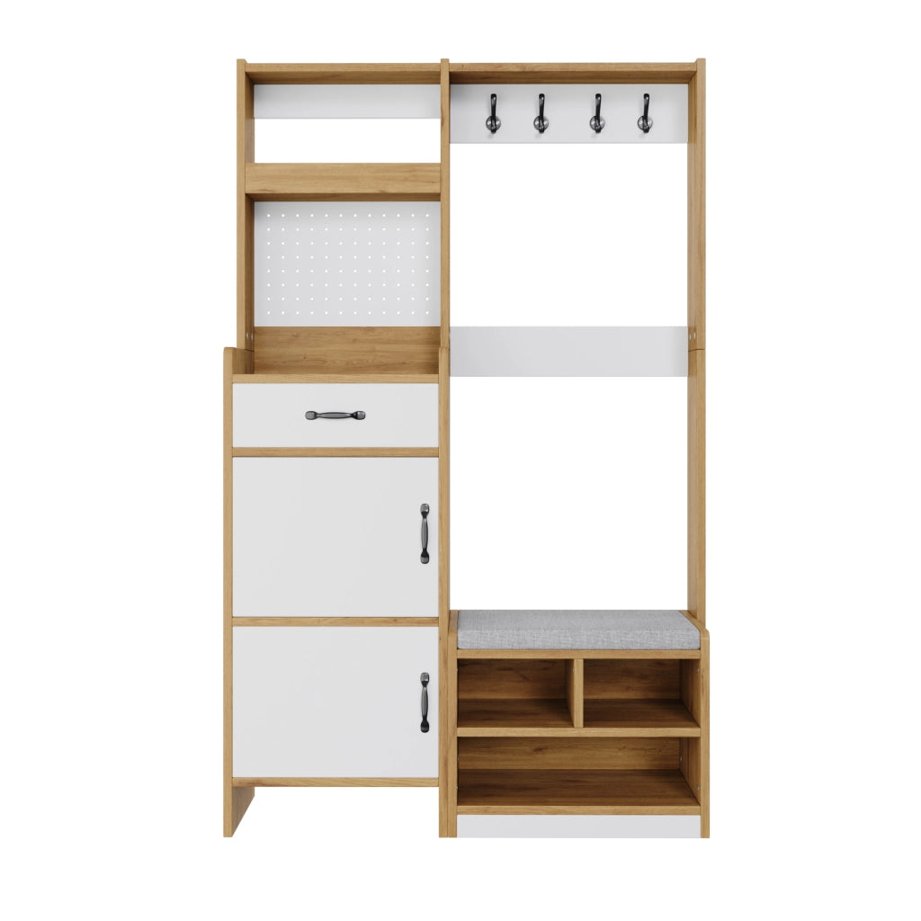 Garderoba da ingresso multifunzionale con scarpiera, panca e appendiabiti, 108,5 x 35 x 180 cm, bianco e naturale
