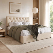 Letto matrimoniale 140x200 cm con contenitore; testiera regolabile; in lino naturale con materasso