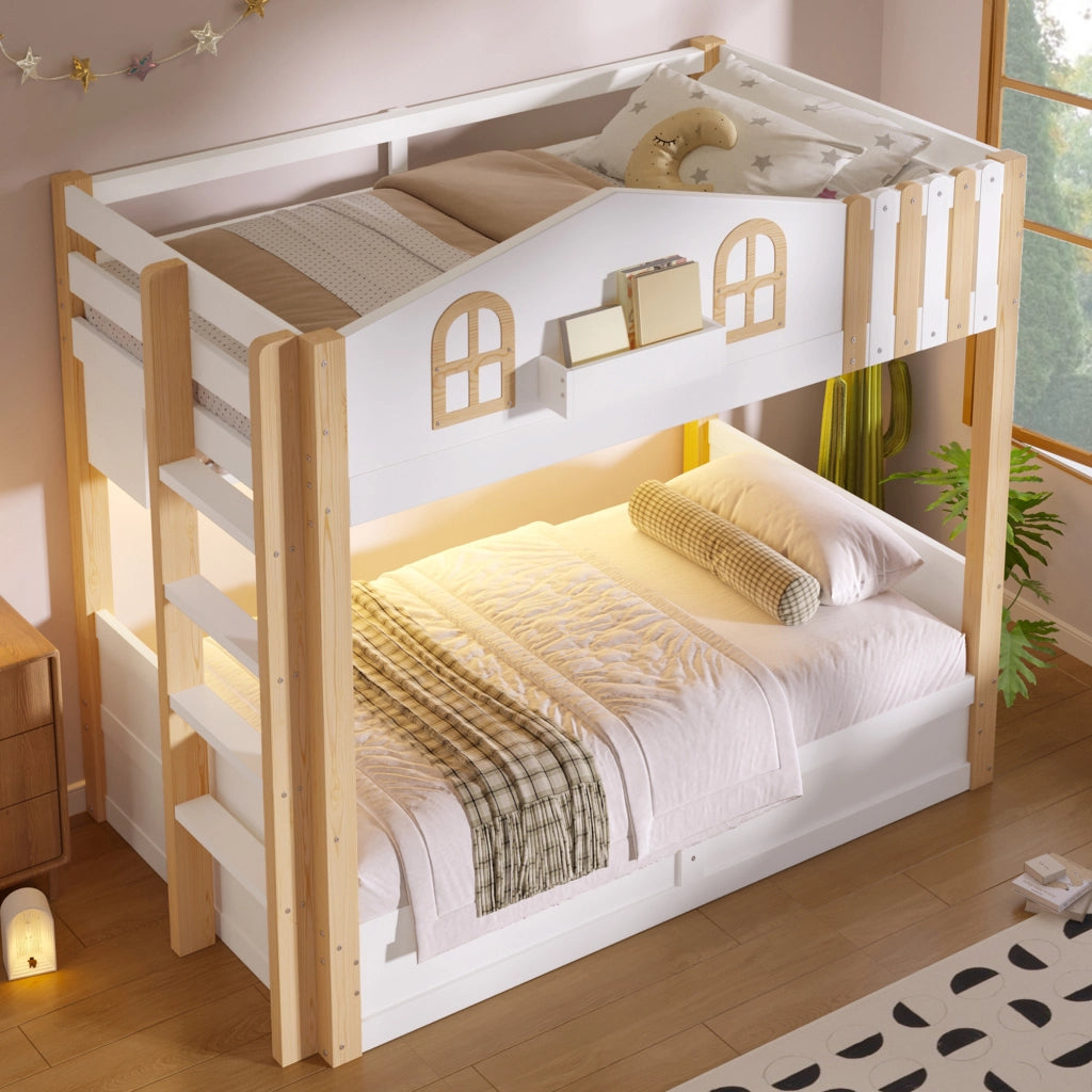 LETTO A CASTELLO 90x200 cm in pino massello e MDF, design casetta, bianco/naturale