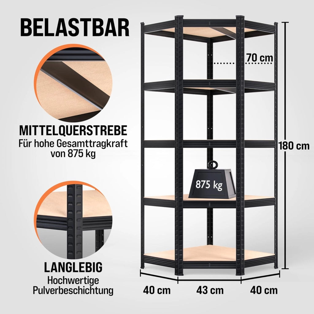 ® Scaffale Metallo Angolare Garage 180x70x40 875kg 5 Riapiani Scaffali Cantina Scaffalatura Angolare Scaffale Salvaspazio Mobile Metallo