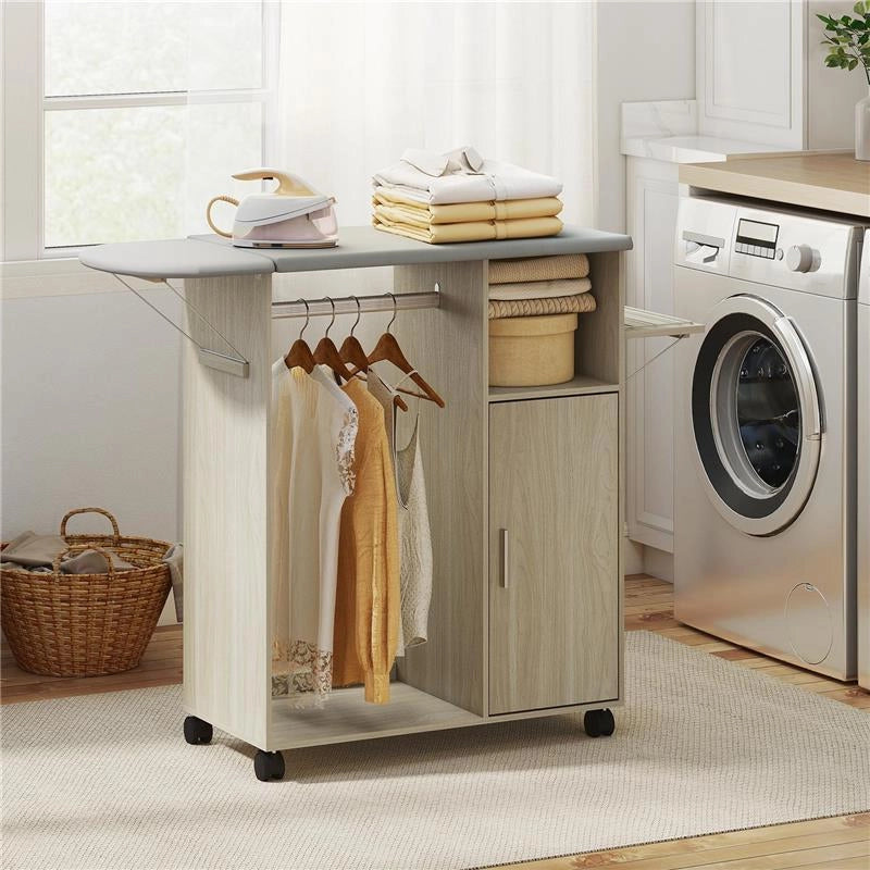 MOBILE ASSE DA STIRO CON PIANO D'APPOGGIO EFFETTO LINO, 3 RIPIANI A CUBO E GUIDA, 127X42.5X99 CM, MULTICOLORE