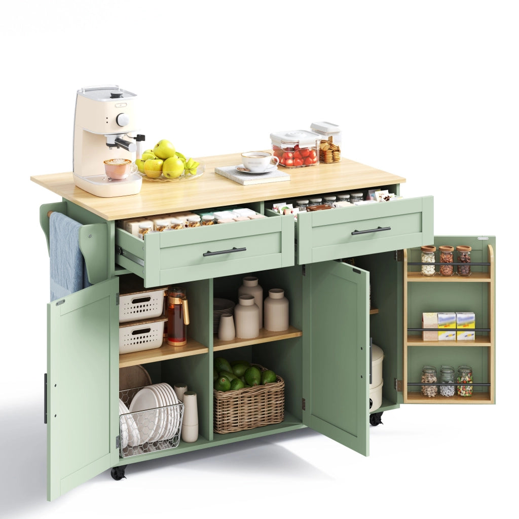 Isola Cucina Mobile 129x46/71x91,5 cm Verde Antico con Piano Ribaltabile, 2 Cassetti e 5 Ruote
