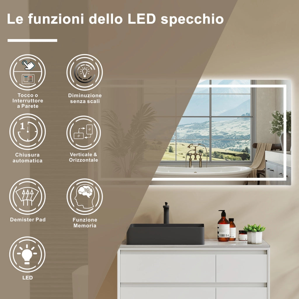 120×80 cm Specchio da Bagno Rettangolare a LED Specchio da Toeletta Specchio da Parete, Luce Bianca 6000K, Anti-fog, Touch