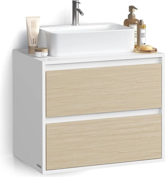 Wastafel per vasca, per bagno, 2 cassetti, 40 x 60 x 50 cm, bianco neve e beige naturale