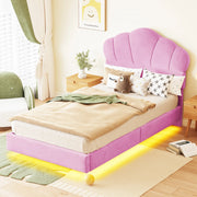Letto imbottito per bambini con testiera a nuvola e LED, 90x200 cm, rosa